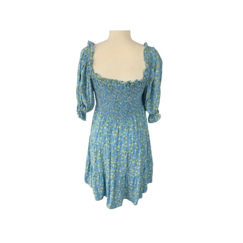Faithfull The Brand NWT Charlotte Mini Dress Ana Floral Print Blue & Yellow Sz 4